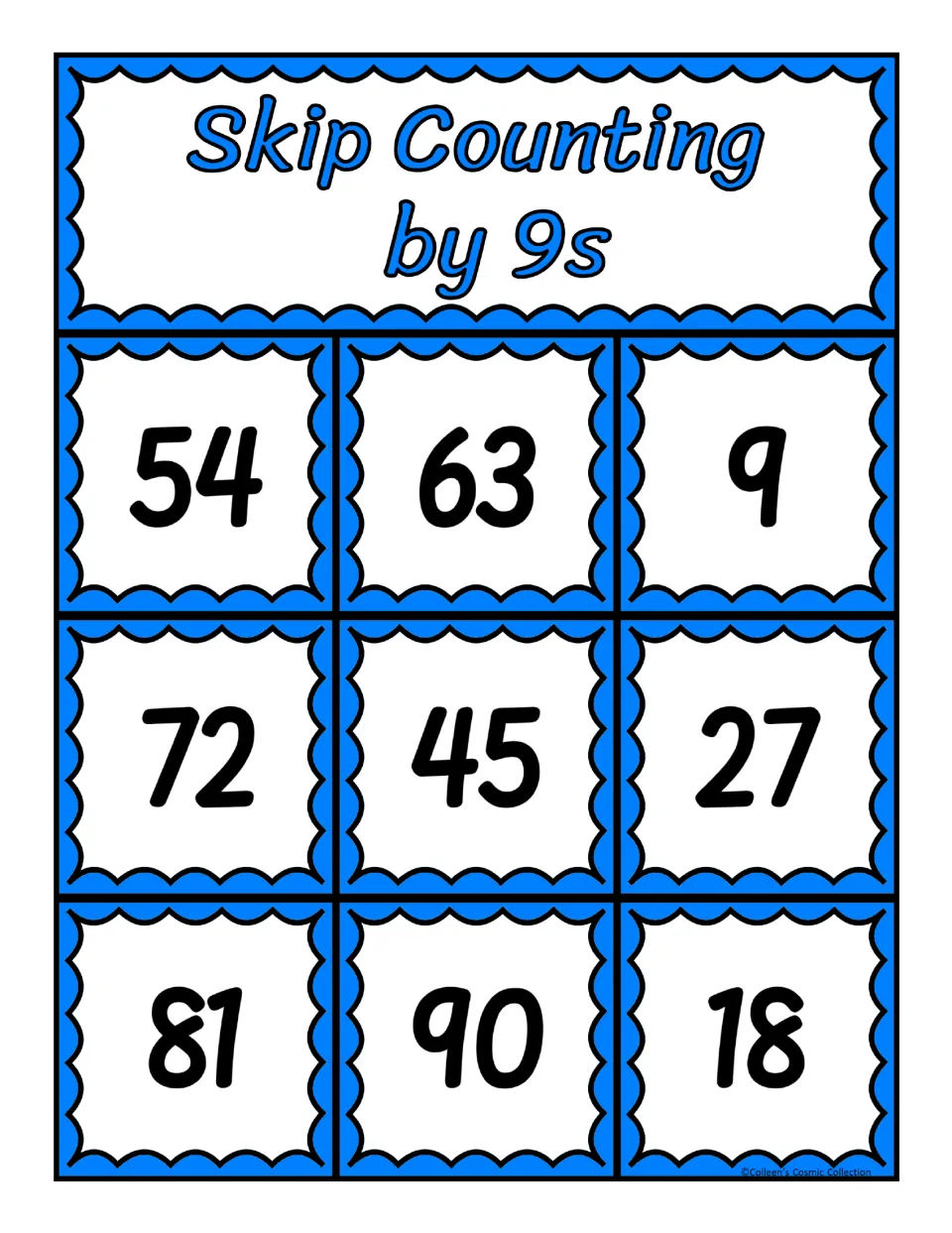 Second bingo board in the counting-by-9s set: 54, 63, 9, 72, 45, 27, 81, 90, and 18 for matching calling cards