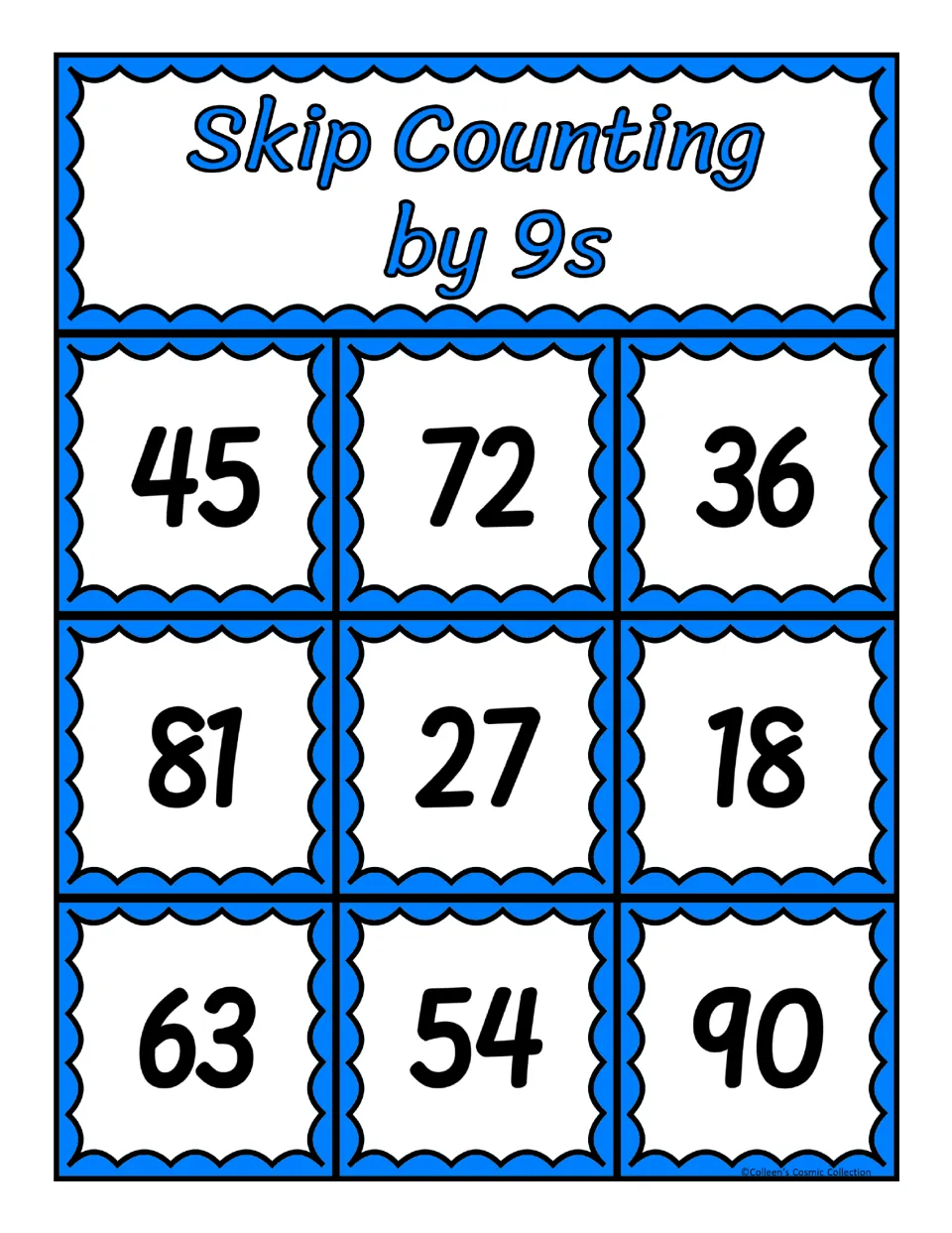 Third bingo board in the counting-by-9s set: 45, 72, 36, 81, 27, 18, 63, 54, and 90 for matching calling cards