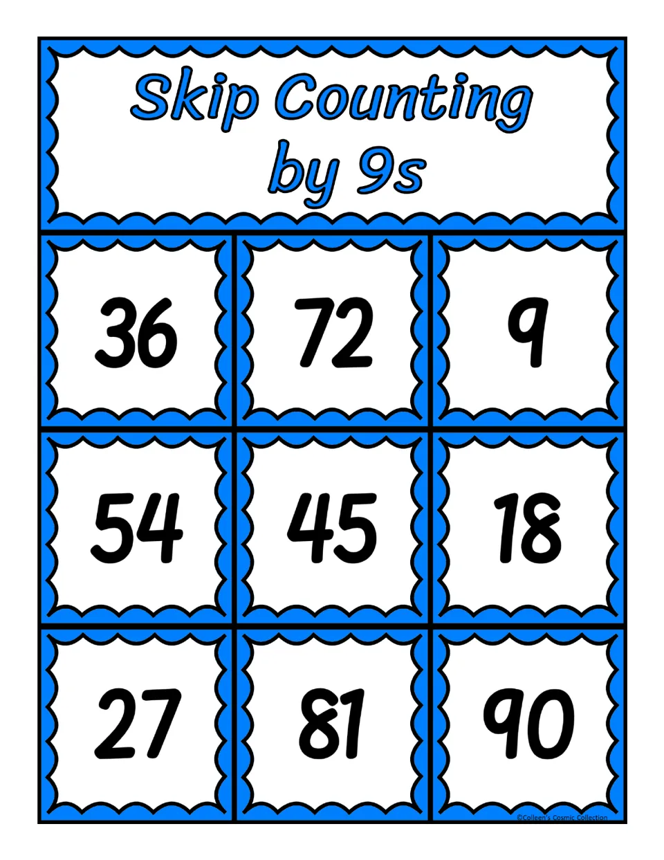 Fourth bingo board in the counting-by-9s set: 36, 72, 9, 54, 45, 18, 27, 81, and 90 for matching calling cards