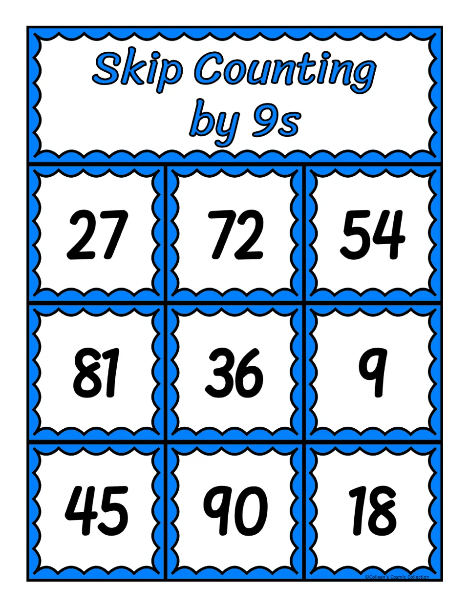 Fifth bingo board in the counting-by-9s set: 27, 72, 54, 81, 36, 9, 45, 90, and 18 for matching calling cards