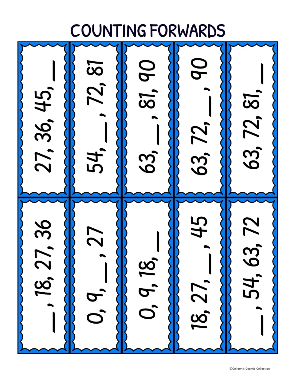 Ten forward-counting bingo calling cards with missing multiples of 9, including “0, 9, __, 27”