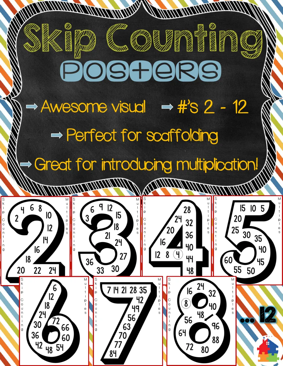 Cover for skip counting posters numbers 2 to 12, previewing giant numerals 2 through 8 filled with their multiples