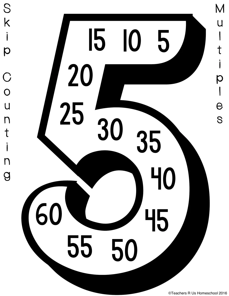Counting by 5s poster: a large numeral 5 filled with multiples of 5 from 5 to 60, read in order around the shape