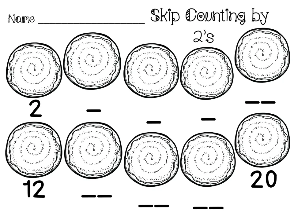 Skip counting by 2s from 2 to 20: students fill in the missing numbers under 10 cookies, with 2, 12 and 20 given