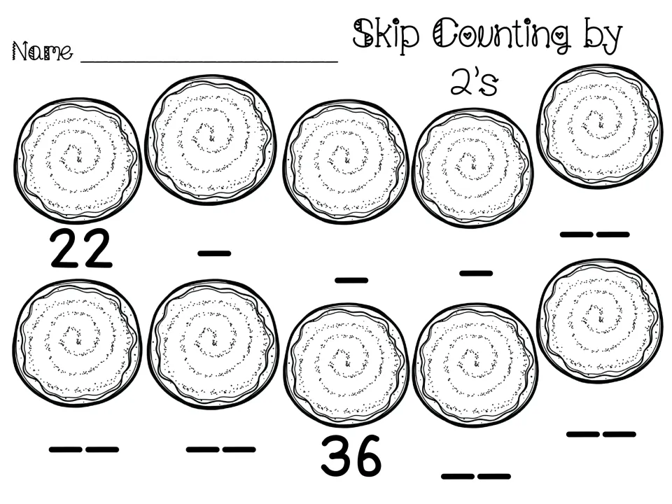Skip counting by 2s from 22 to 40: students write the missing numbers under 10 cookies, with 22 and 36 given as clues