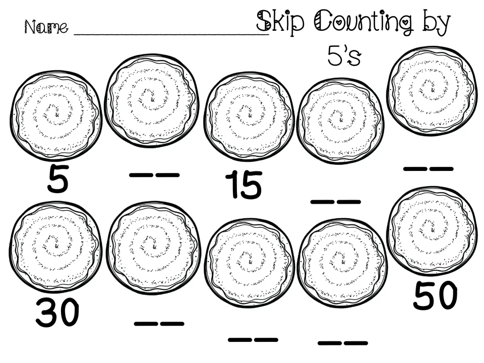Skip counting by 5s from 5 to 50: students fill in the blanks under 10 cookies, with 5, 15, 30 and 50 given