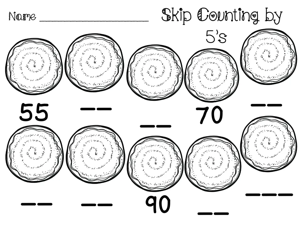 Skip counting by 5s from 55 to 100: students complete the missing numbers under 10 cookies, with 55, 70 and 90 given