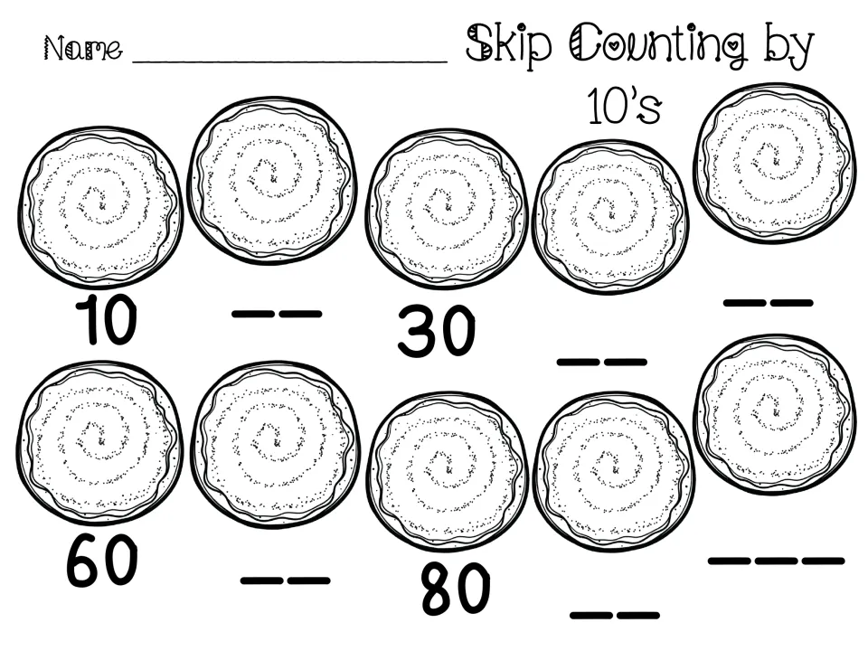 Skip counting by 10s from 10 to 100: students write the missing tens under 10 cookies, with 10, 30, 60 and 80 given