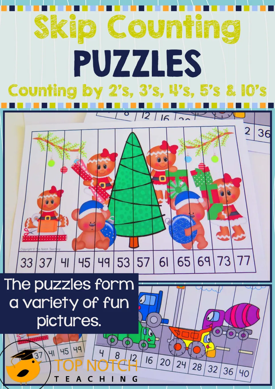 Skip Counting Puzzles cover identifies counting by 2s, 3s, 4s, 5s, and 10s and shows sample picture puzzles