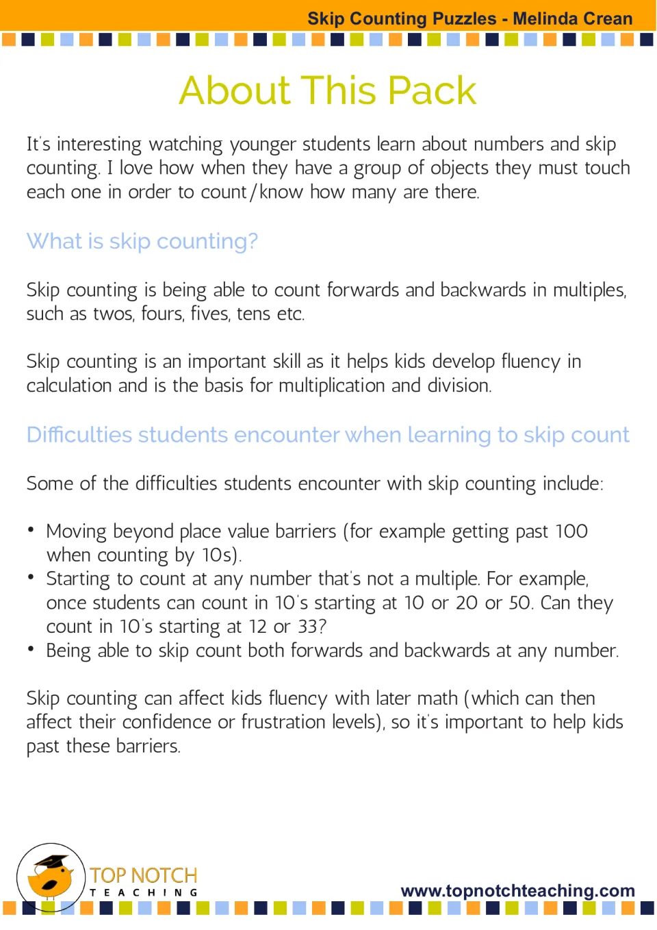 About This Pack explains skip counting, its connection to multiplication and division, and common difficulties