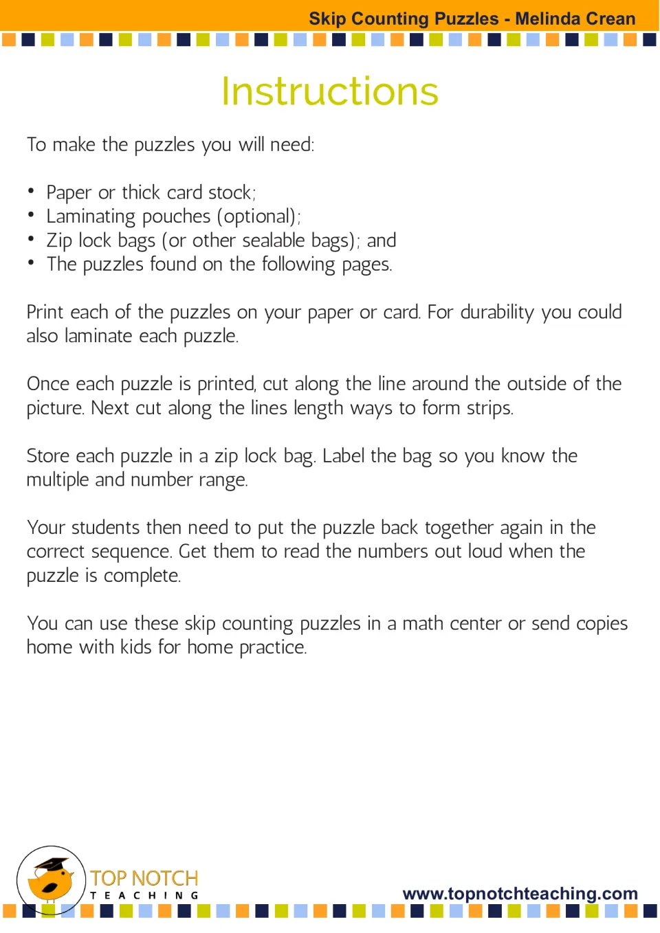 Puzzle instructions explain printing, optional laminating, cutting strips, storing, and ordering numbers