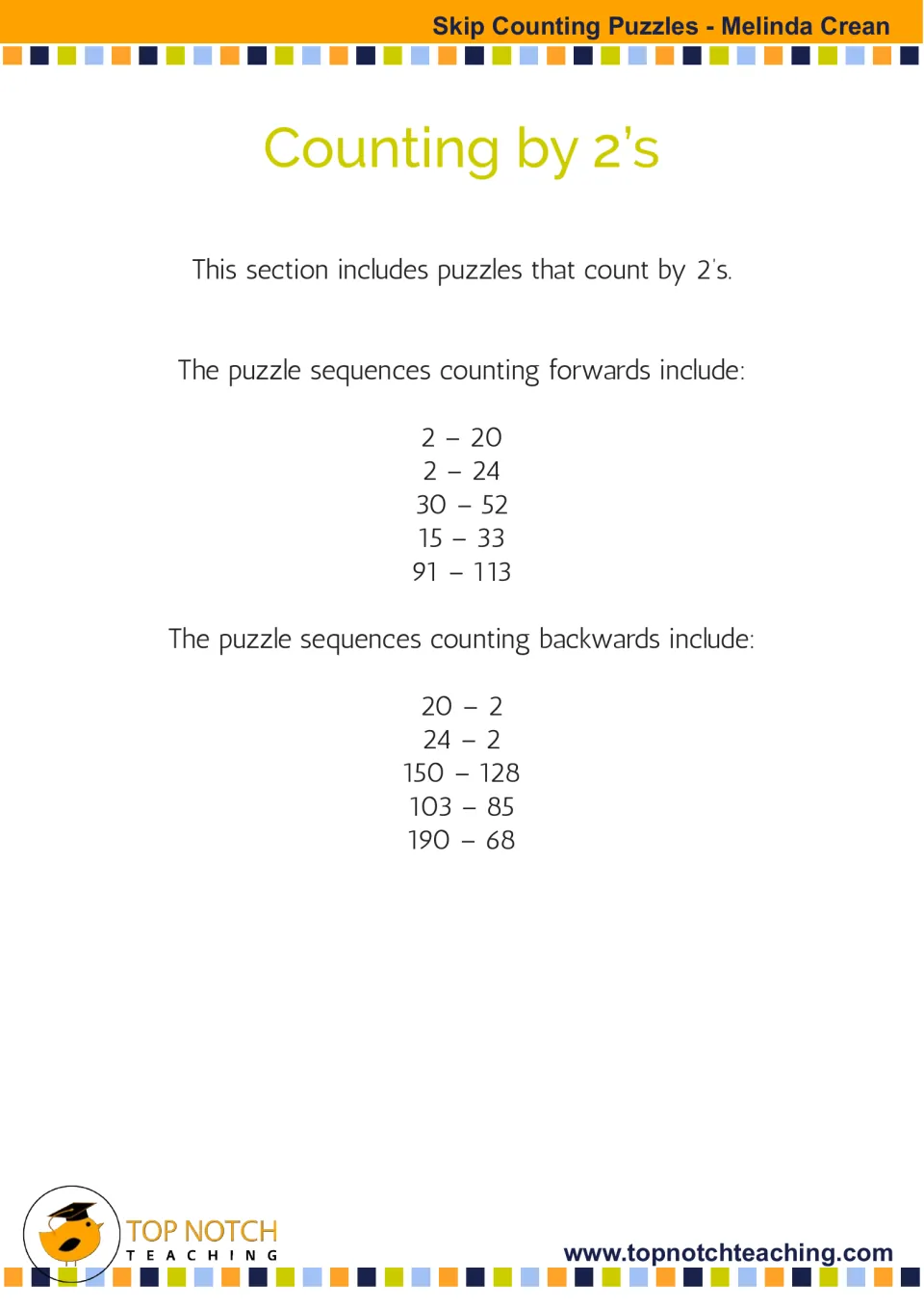 Counting by 2s section guide lists five forward and five backward puzzle sequences with varied starting numbers
