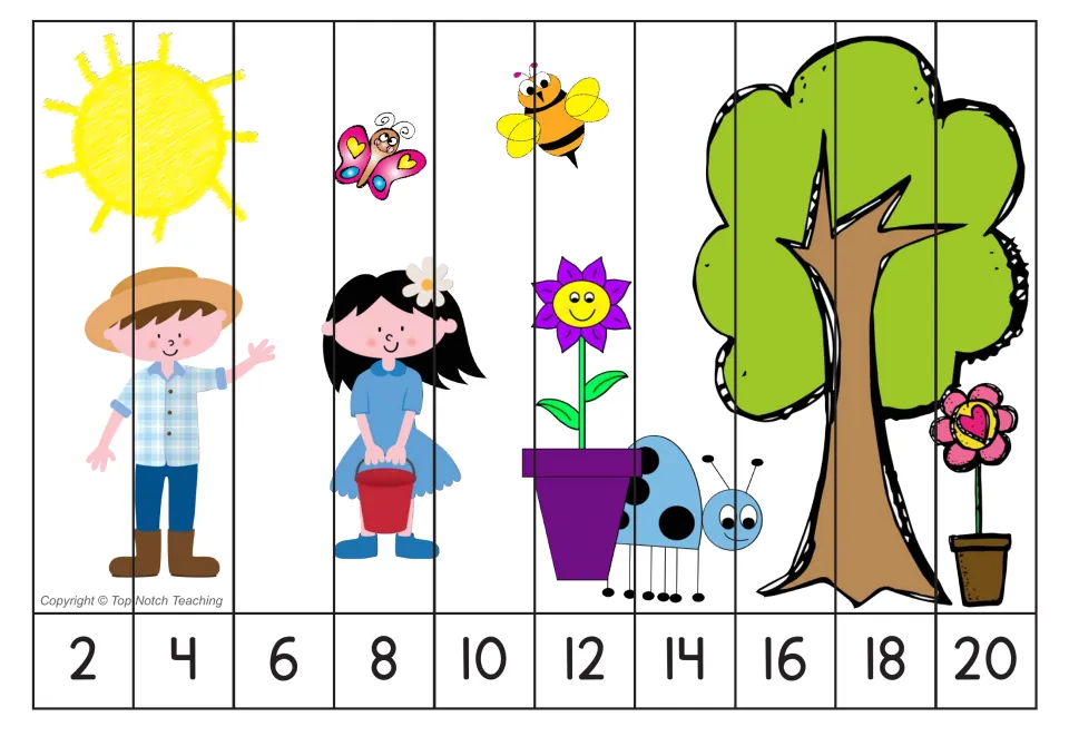 Counting by 2s picture puzzle has 10 strips numbered 2 through 20, forming a garden scene with two children