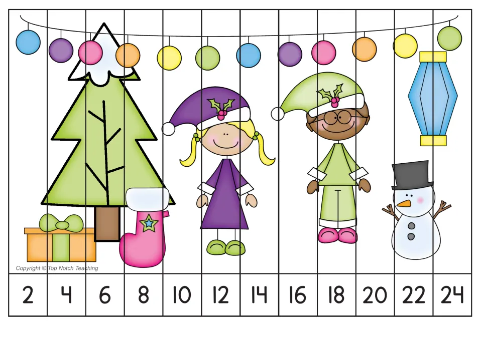 Counting by 2s picture puzzle has 12 strips numbered 2 through 24, forming a Christmas scene with a snowman