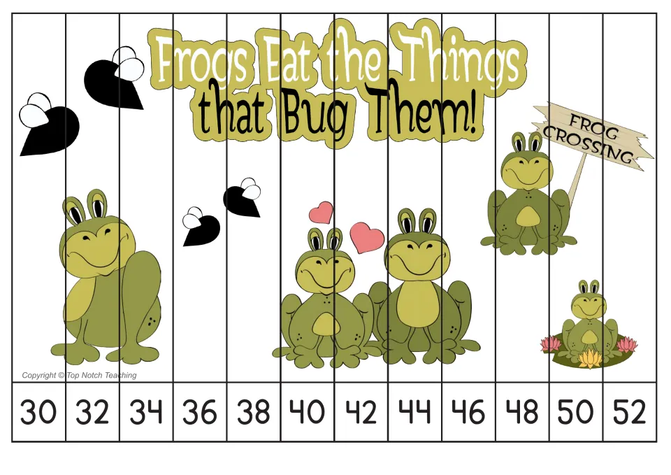Counting by 2s picture puzzle has 12 strips numbered 30 through 52 and the words 'Frogs Eat the Things that Bug Them!'