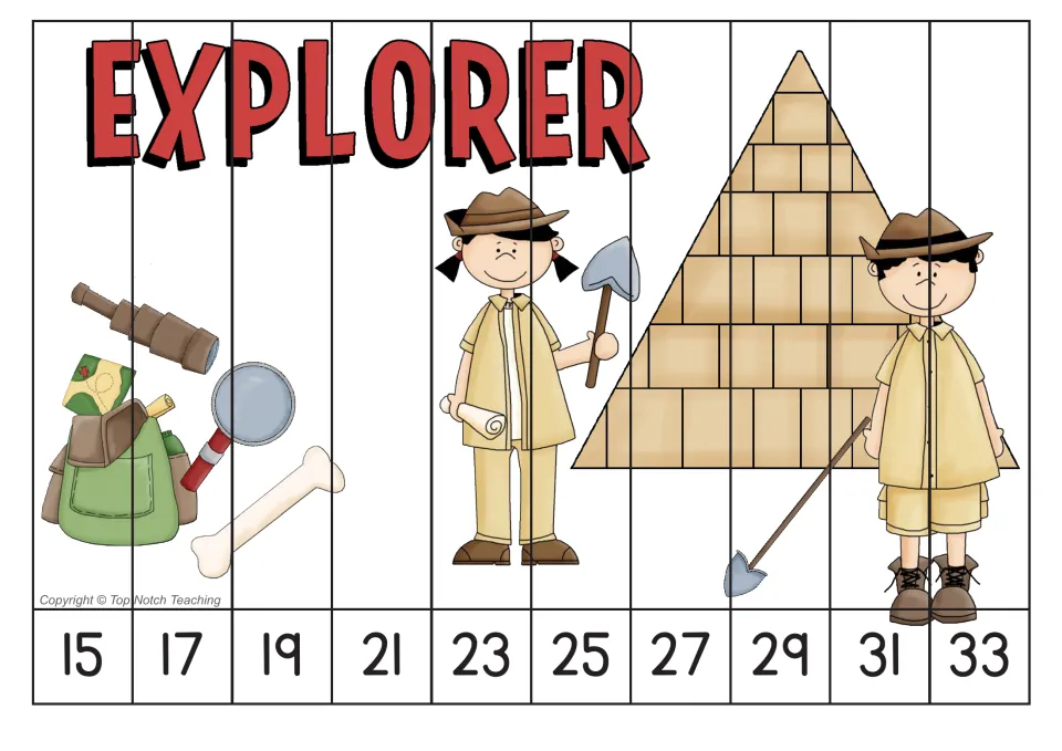 Counting by 2s picture puzzle has 10 strips numbered 15 through 33, showing explorers, a pyramid, and tools