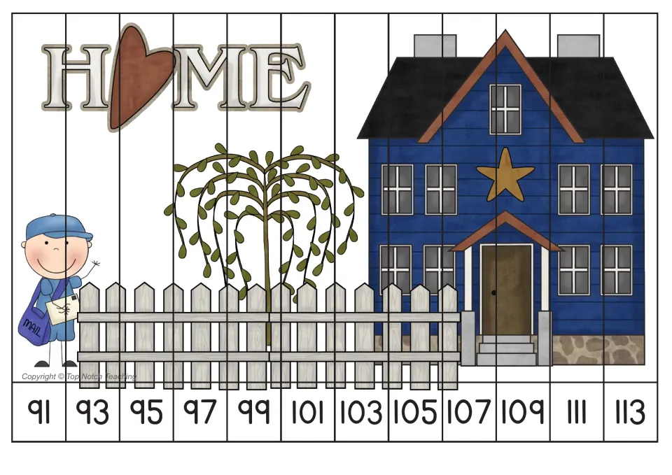 Counting by 2s picture puzzle has 12 strips numbered 91 through 113, showing a house and a mail carrier