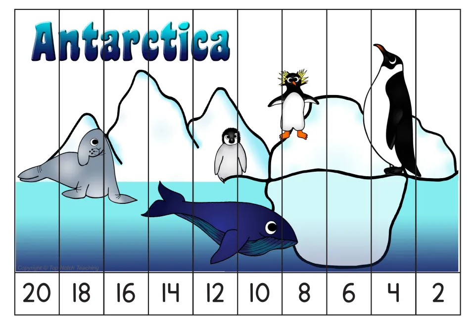Backward counting by 2s picture puzzle has 10 strips numbered 20 down to 2, showing Antarctic animals