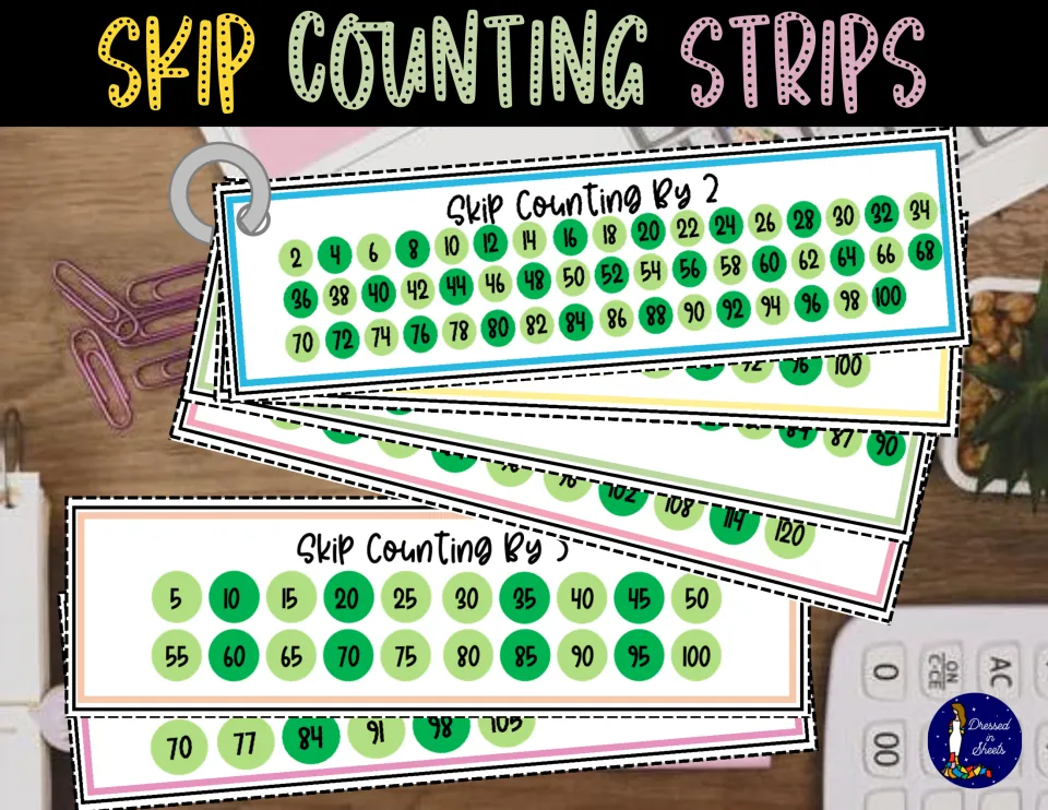Skip Counting Strips cover: green-dot number strips on a binder ring, showing counting by 2 to 100 and by 5 to 100