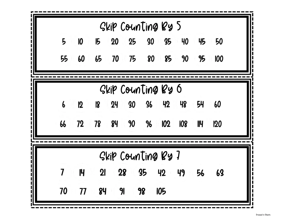 Black-and-white strips with the sequences by 5s to 100, by 6s to 120 and by 7s to 105 for counting-pattern practice
