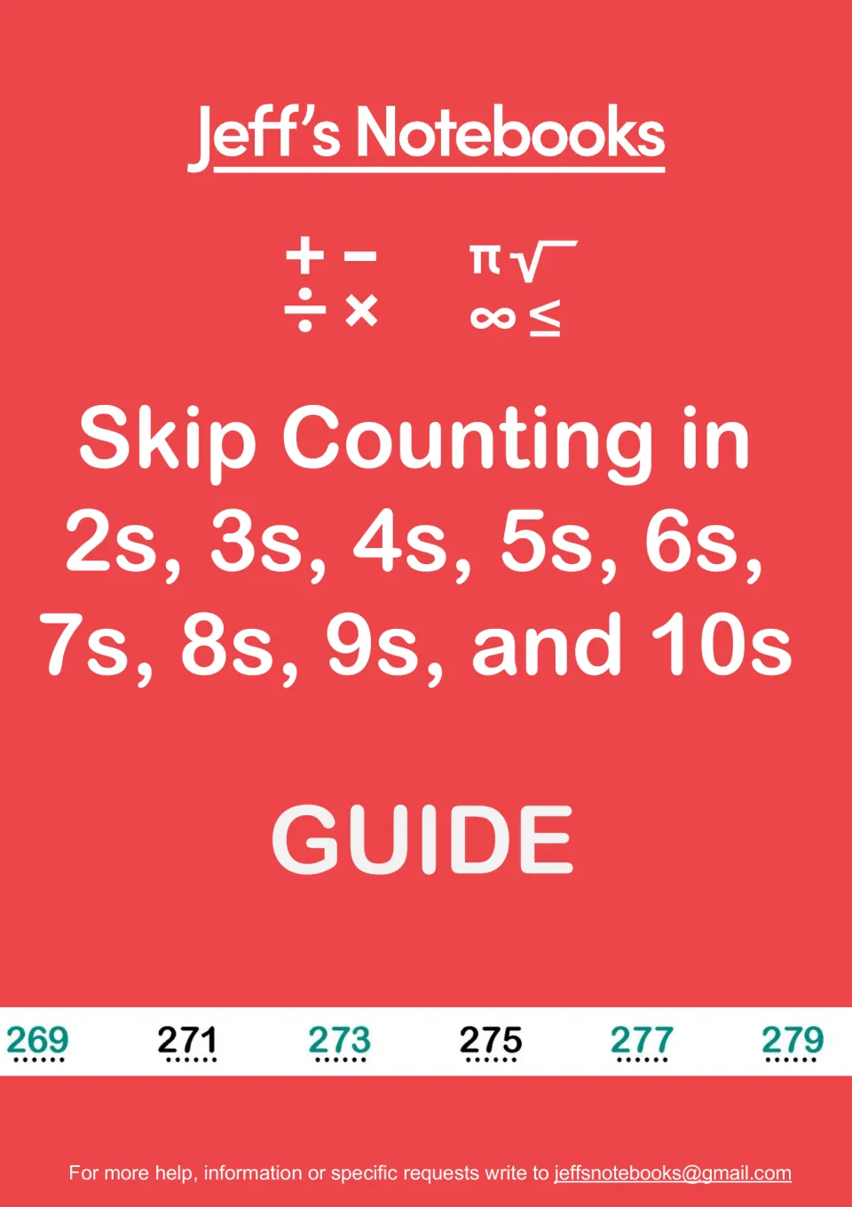 Jeff's Notebooks guide cover for skip counting in 2s through 10s, with a strip of odd numbers counting by 2s from 269