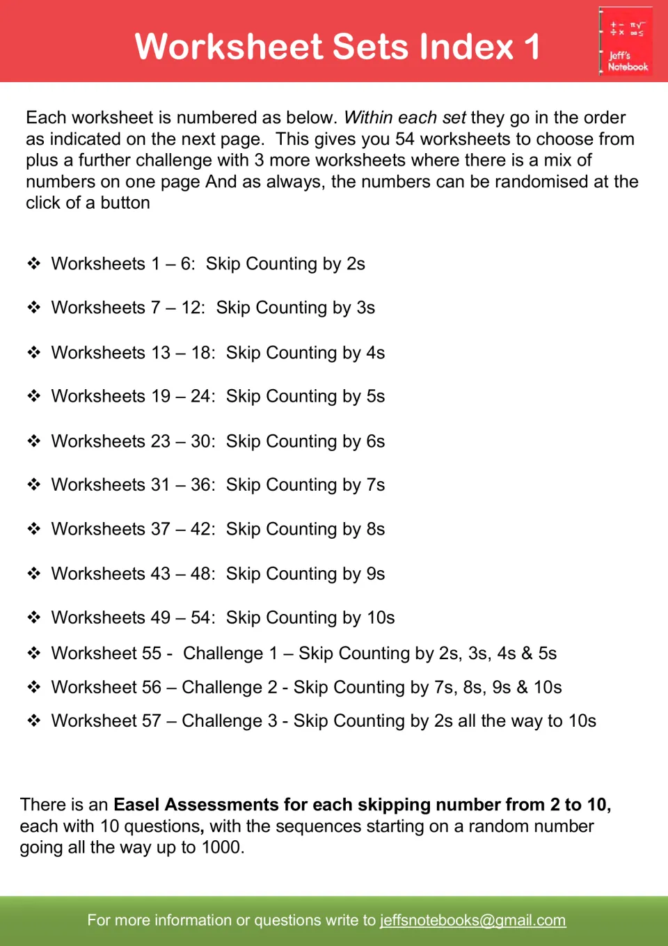 Worksheet sets index listing numbered worksheets 1 to 54 for skip counting by 2s through 10s, plus three mixed challenges