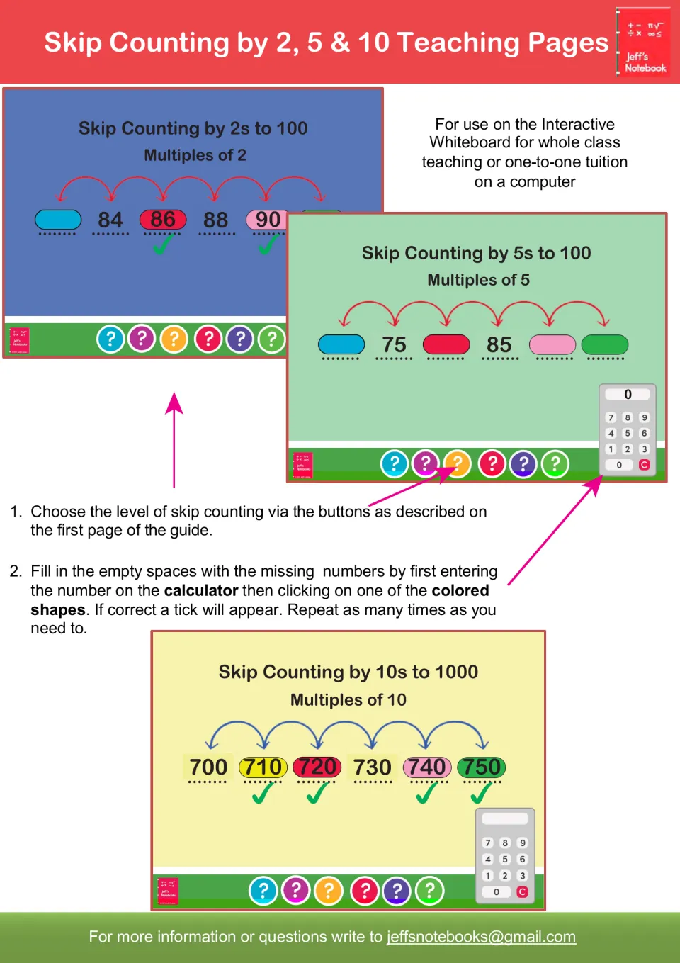 Skip counting by 2, 5 and 10 teaching pages: students enter missing numbers on a calculator and click shapes to get a tick