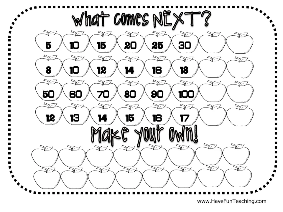 What Comes Next? Students extend four apple number patterns, such as 5 to 30 and 50 to 100, then make their own pattern
