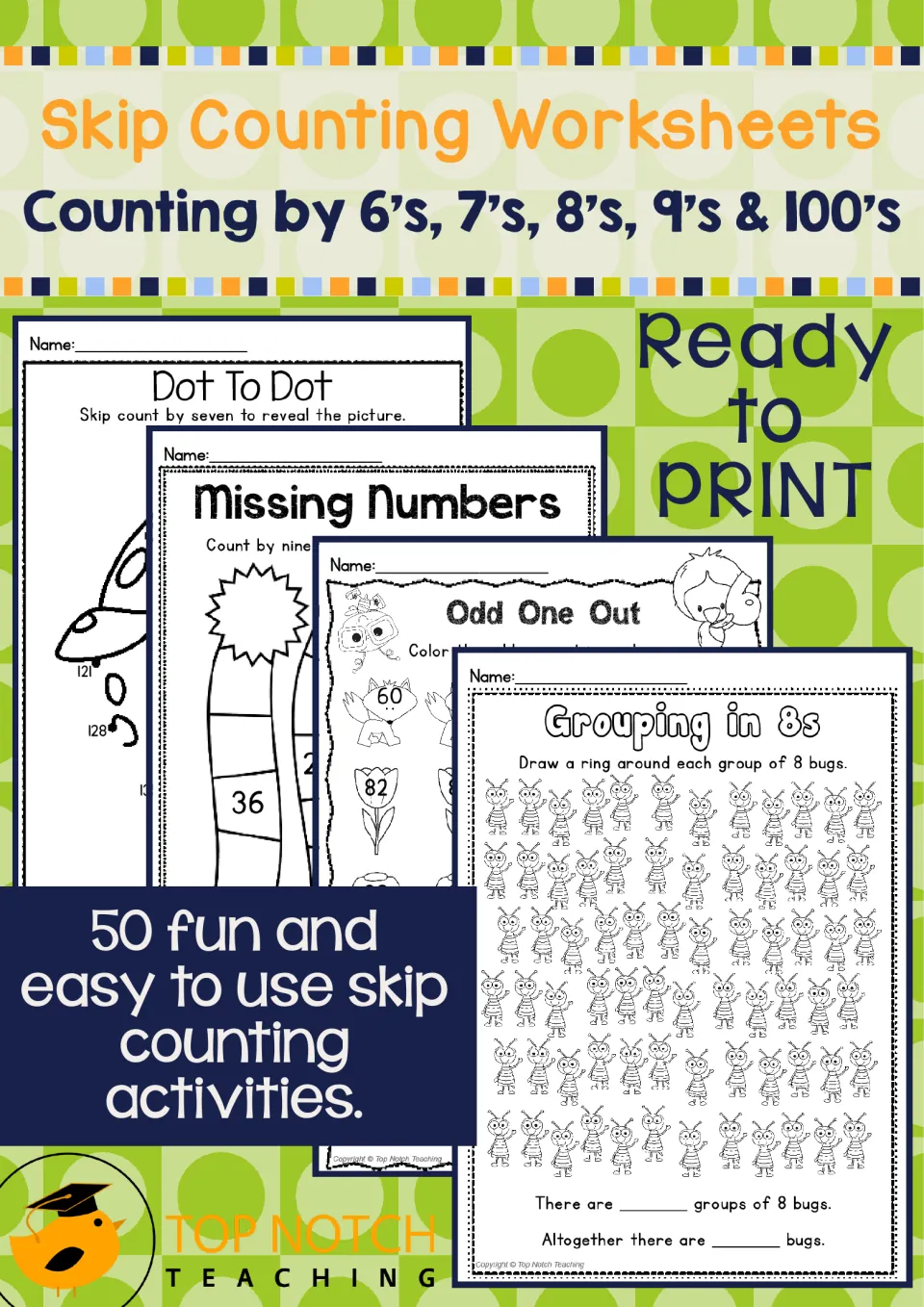 Cover for skip counting by 6s, 7s, 8s, 9s and 100s, showing dot-to-dot, missing number, odd one out and grouping sheets