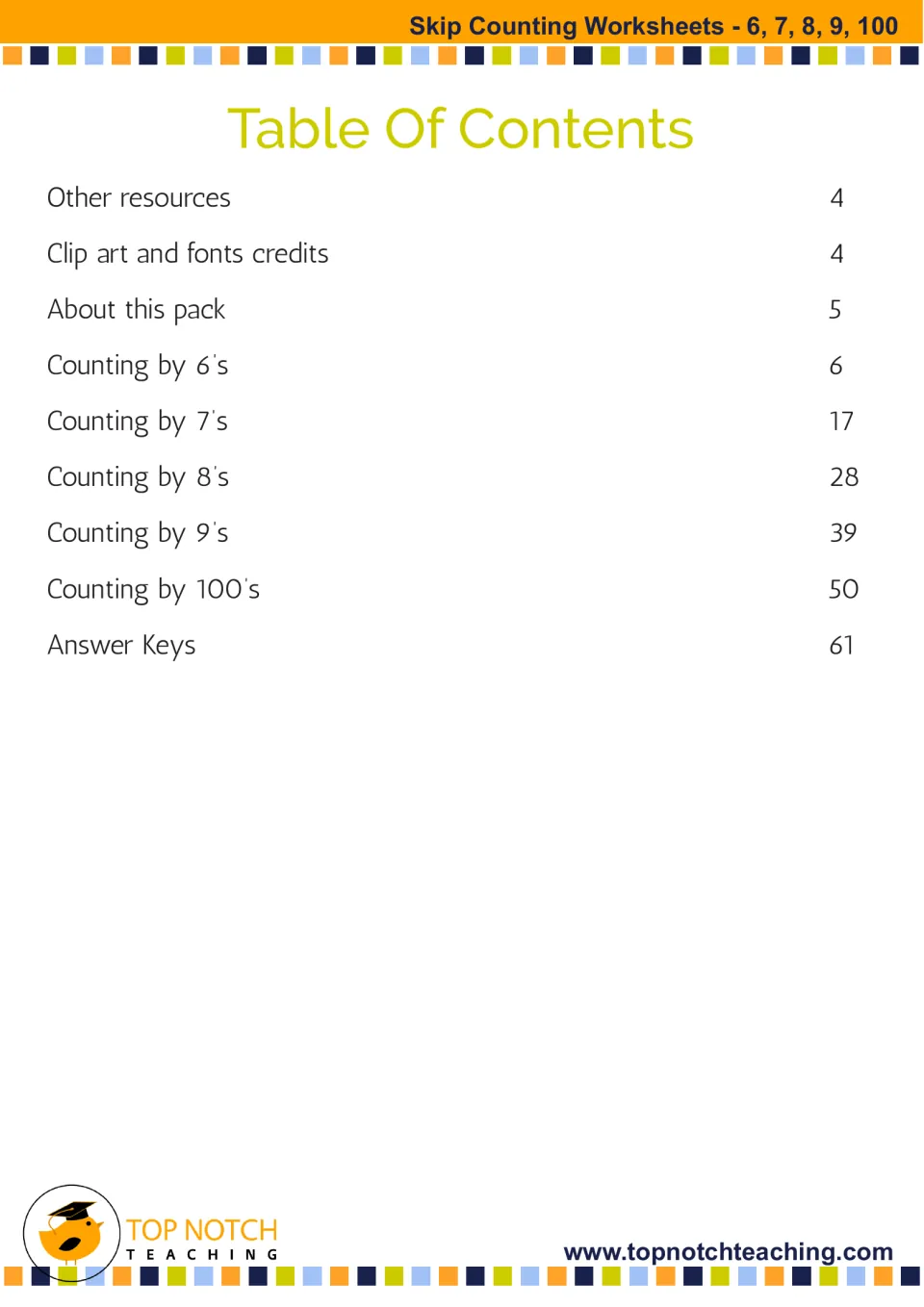 Table of contents listing sections for counting by 6s, 7s, 8s, 9s and 100s, plus about this pack, credits and answer keys