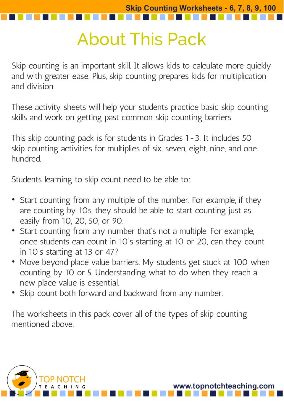 About this pack: skip counting overview noting starting from any number, crossing place value and counting backward