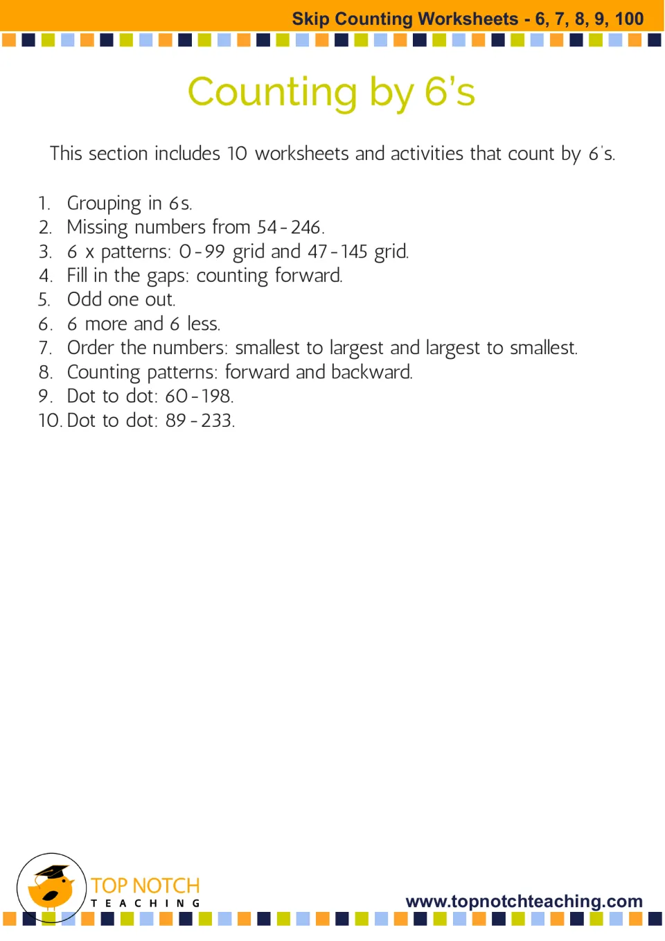 Counting by 6s section opener listing its 10 activities, from grouping in 6s and missing numbers to two dot-to-dots