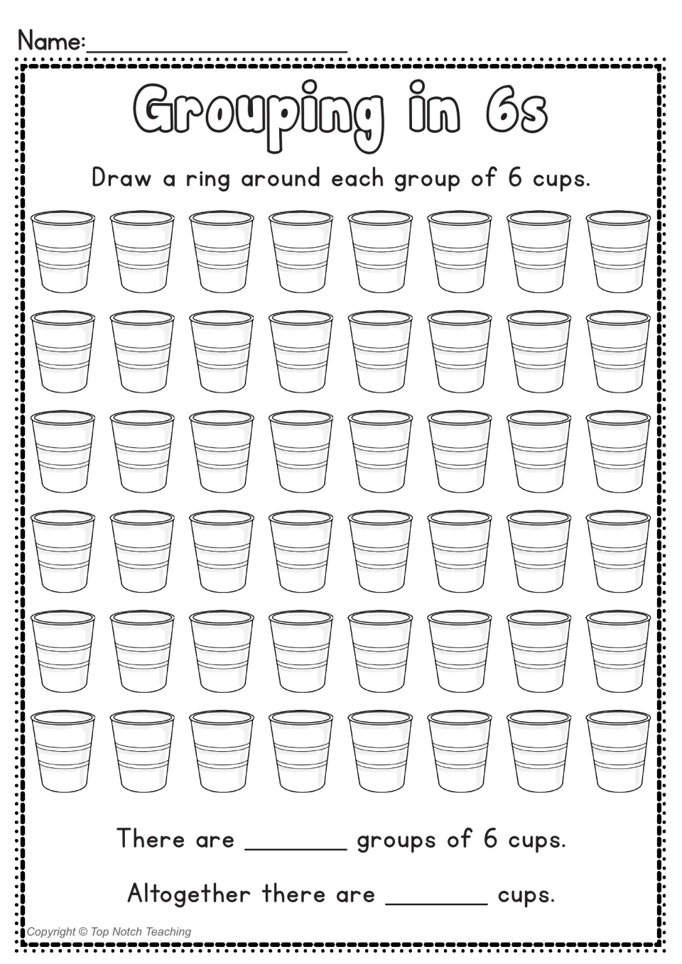 Grouping in 6s: students ring each group of 6 cups among 48 drawn cups, then write the number of groups and total cups