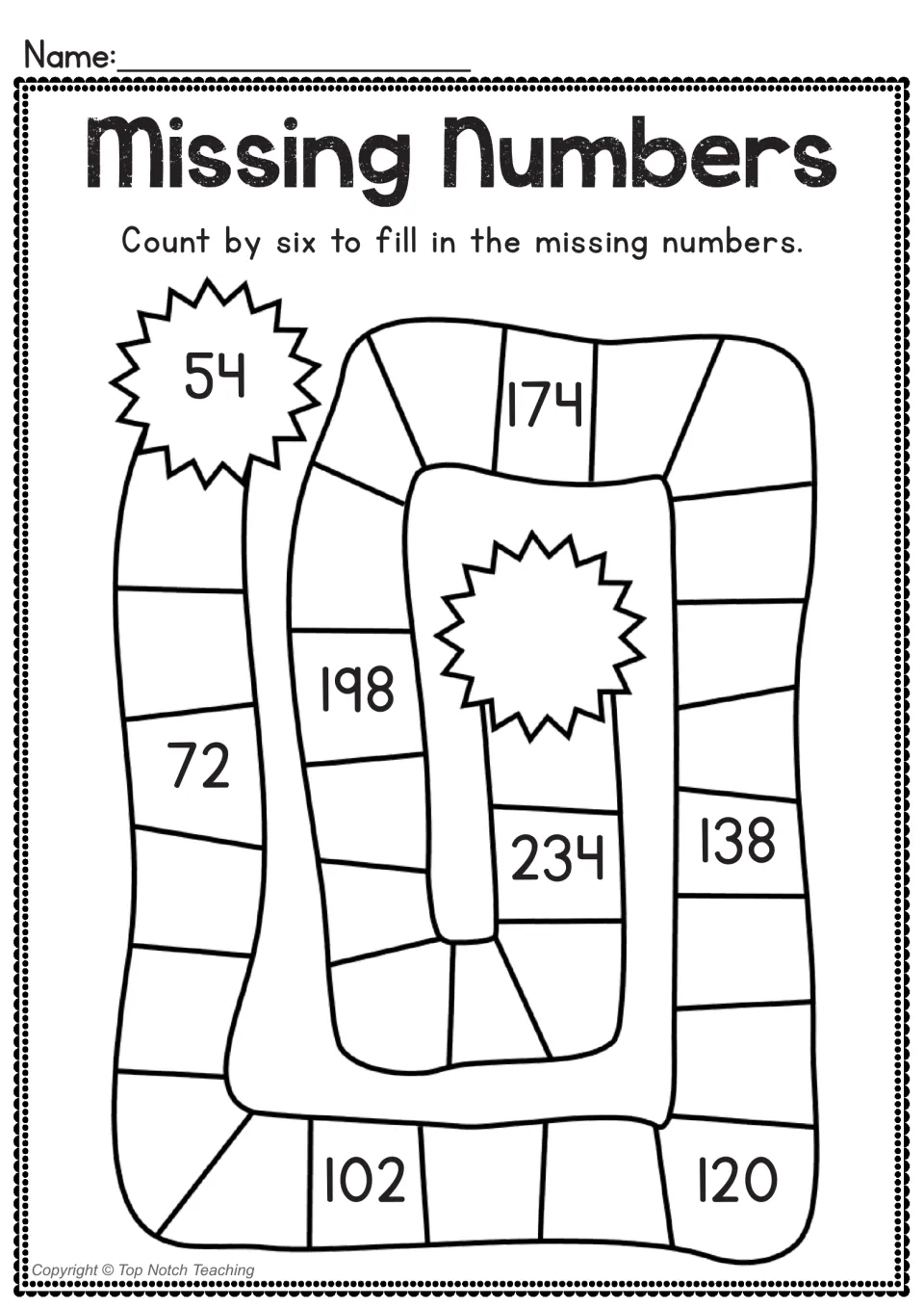 Missing Numbers: students count by six along a winding path from 54, writing the missing multiples in each blank space