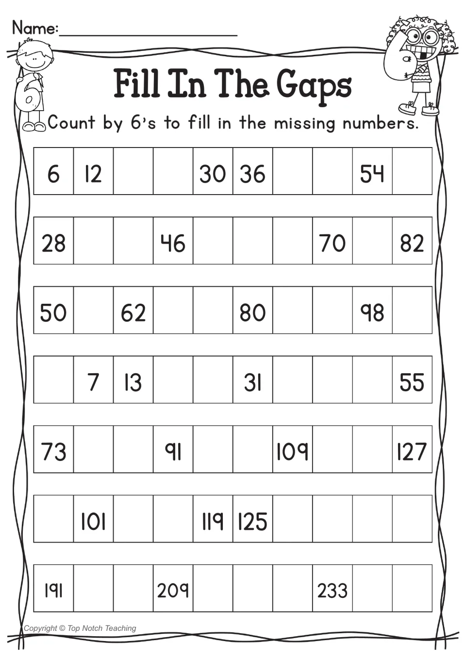 Fill In The Gaps: students count forward by 6s to complete seven number sequences, some not on multiples of 6