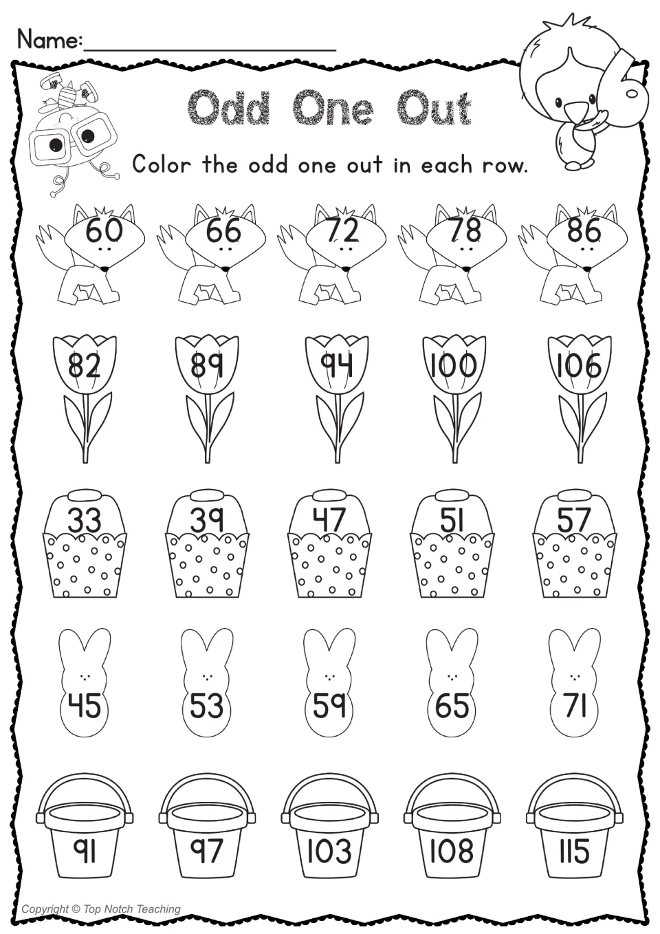 Odd One Out: students color the one number in each of five rows that does not fit the count-by-6 sequence