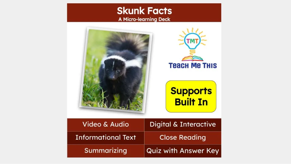 Skunk Facts micro-learning deck cover lists video, audio, informational text, summarizing, and a quiz.