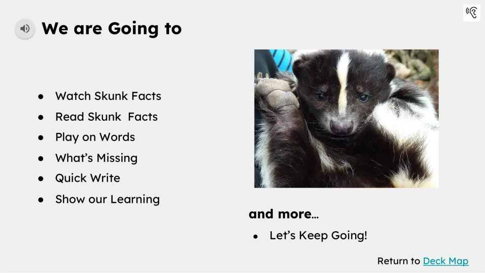 Activity preview lists watching, reading, Play on Words, What's Missing, Quick Write, and Show our Learning.