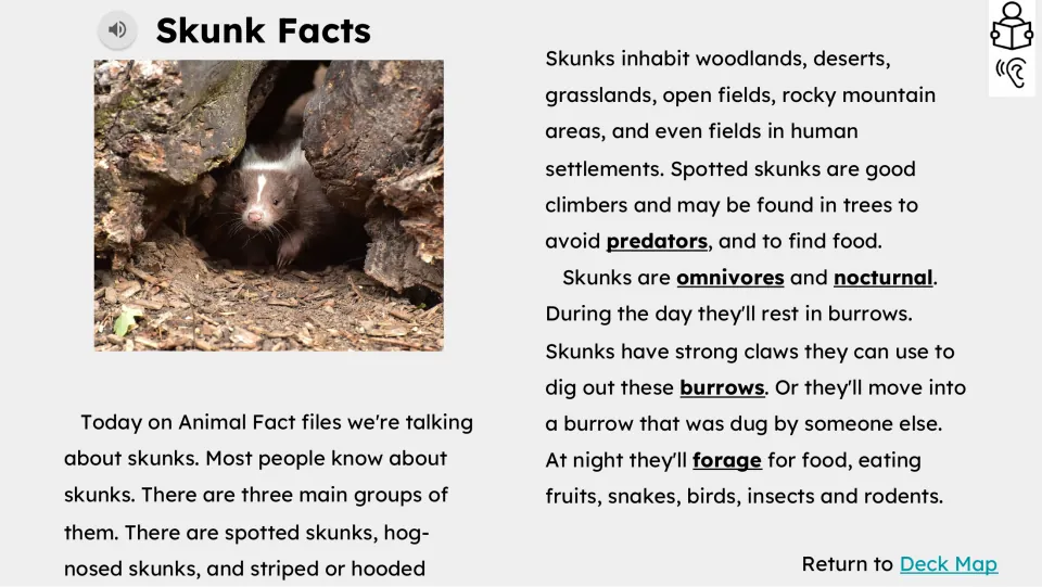 Opening reading passage introduces skunk groups, habitats, climbing, burrows, nighttime foraging, and diet.