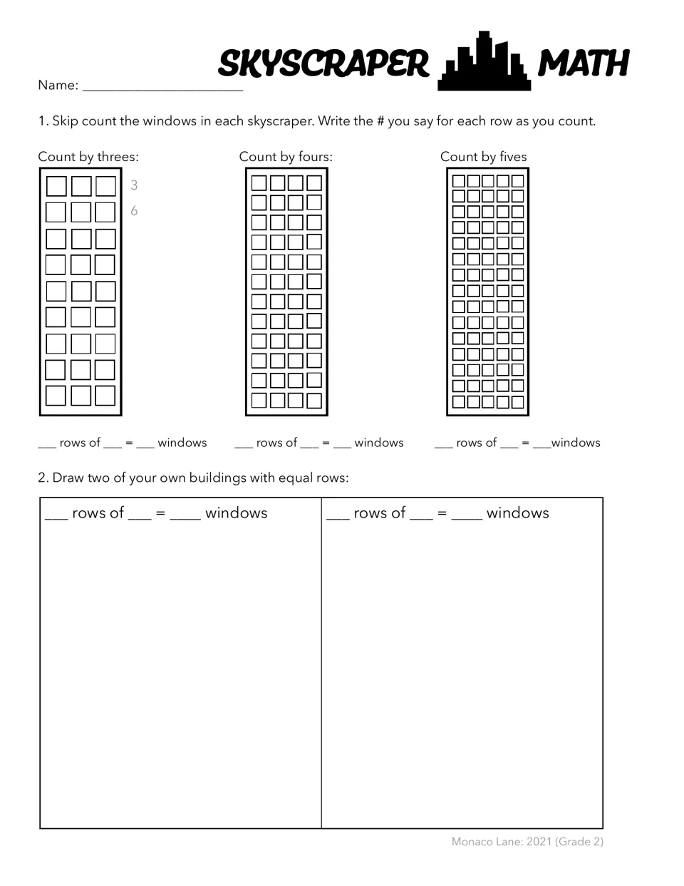 Skip counting windows by 3s, 4s and 5s on three skyscrapers, then drawing two buildings with equal rows of windows