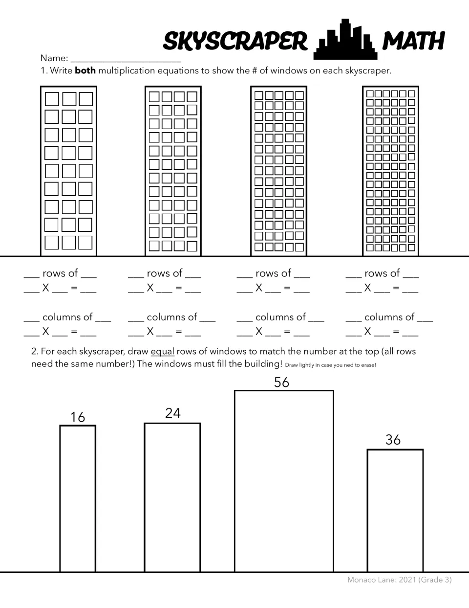 Arrays as multiplication: students write row and column equations for 4 skyscrapers and draw arrays for 16, 24, 56, 36
