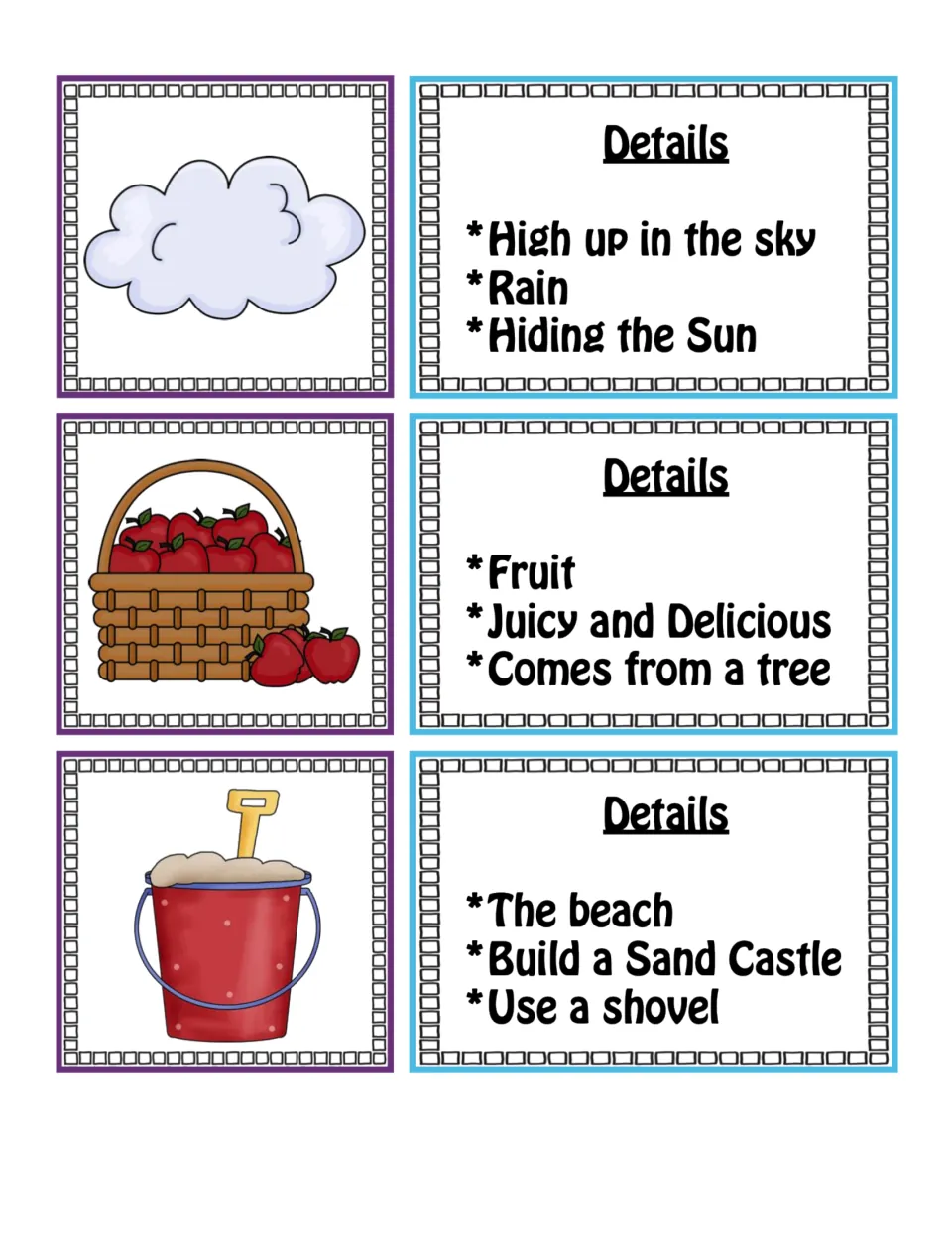 Picture and detail card pairs 1–3: a cloud, apples, and a sand bucket, with three descriptive clues for each