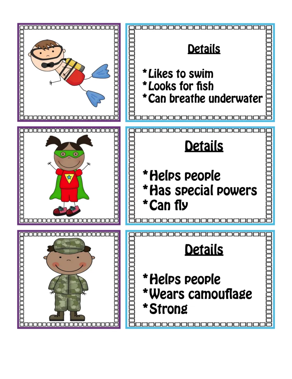 Picture and detail card pairs 4–6: a scuba diver, superhero, and soldier, with three descriptive clues each