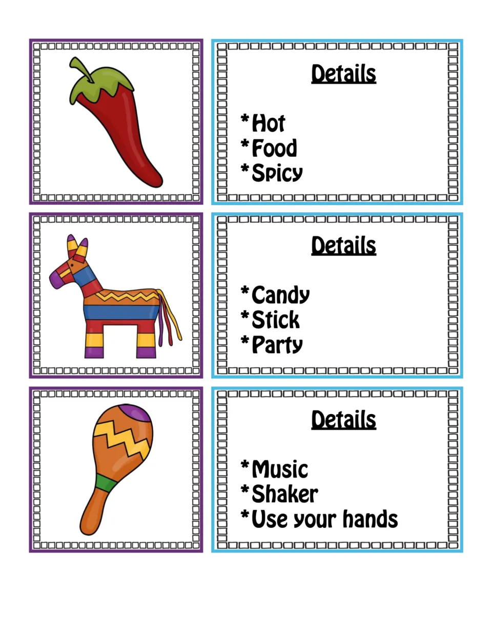 Picture and detail card pairs 10–12: a hot pepper, piñata, and maraca, with three descriptive clues for each
