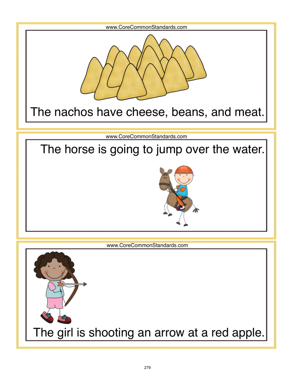 Drawing cards 1–3: add nacho toppings, water for a horse to jump over, and a red apple for an arrow's target.