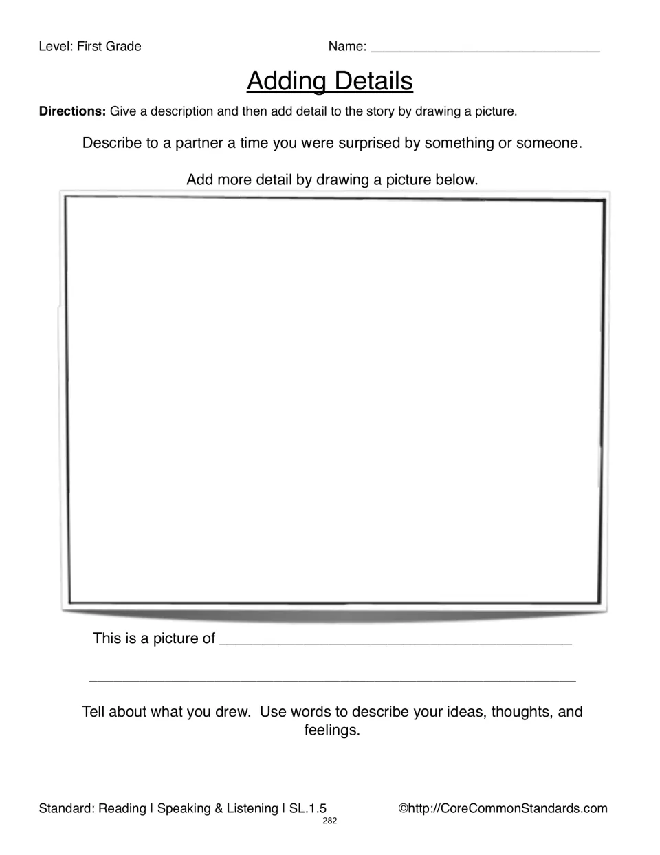 Adding Details activity: tell a partner about a time you were surprised, draw it, and describe your picture.