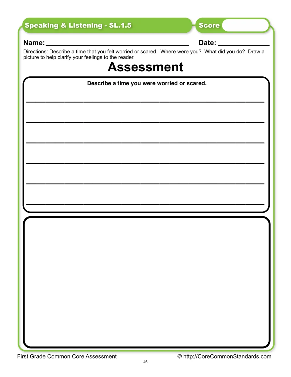 SL.1.5 assessment: describe a time you felt worried or scared and draw a picture to clarify your feelings.