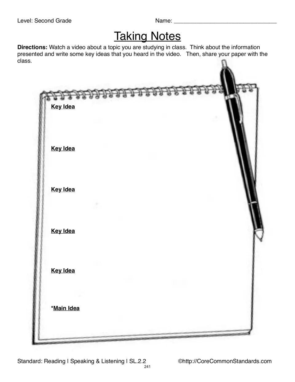 Taking Notes activity: record five key ideas and the main idea from a class-topic video, then share with class