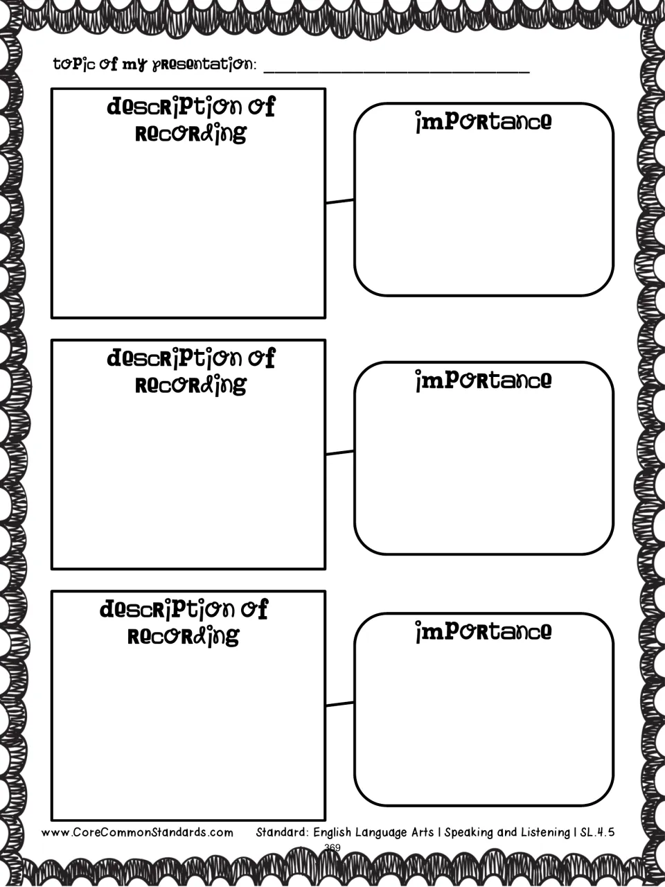 Audio planning organizer for a presentation topic, descriptions of three recordings, and their importance
