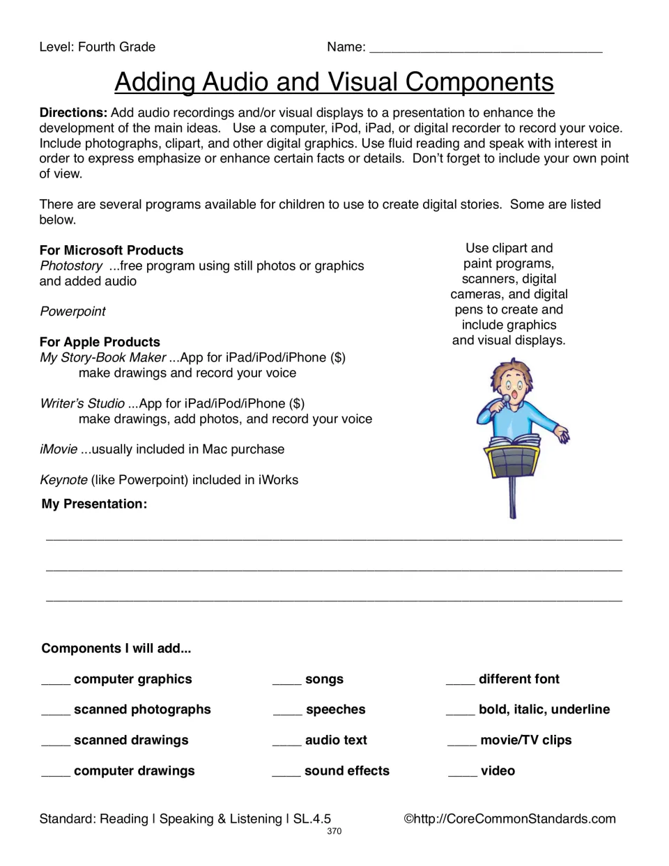 Adding Audio and Visual Components planning sheet includes recording directions and a media checklist